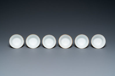 Six Chinese famille rose 'Wu Shuang Pu' cups and saucers, Qianlong and Tongzhi marks, 19th C.