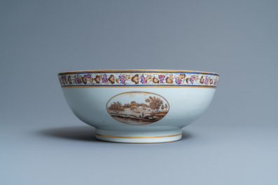A large Chinese famille rose export porcelain punchbowl and dish, Qianlong