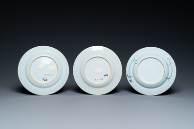 Six Chinese blue and white and famille rose dishes and a famille verte bowl, Kangxi/Qianlong