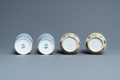 A pair of Chinese blue and white and a pair of Canton famille rose vases, 19th C.