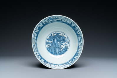 A Chinese blue and white 'landscape' bowl, Wanli