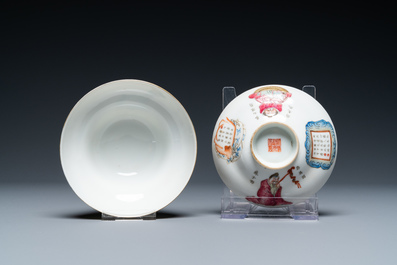 Onze soucoupes et six tasses en porcelaine de Chine famille rose &agrave; d&eacute;cor 'Wu Shuang Pu', la plupart marque et &eacute;poque de Daoguang