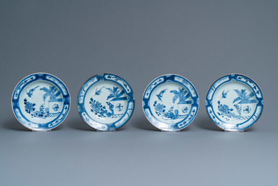 Fifteen Chinese blue and white plates and three dishes with 'cuckoo in the house' design, Qianlong