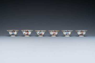 Six Chinese famille rose 'Wu Shuang Pu' cups and saucers, Qianlong and Tongzhi marks, 19th C.