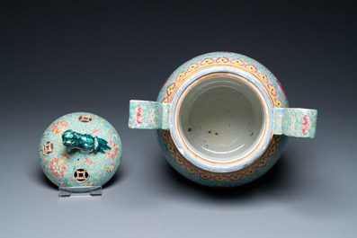 A Chinese famille rose tripod censer and cover, 19th C.