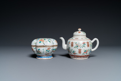 Seven Chinese famille rose saucers, a teapot and a covered box, 19th C.