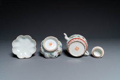 Seven Chinese famille rose saucers, a teapot and a covered box, 19th C.