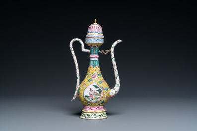 A Chinese Canton enamel ewer and cover, Qianlong