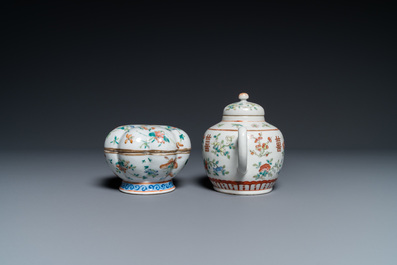 Seven Chinese famille rose saucers, a teapot and a covered box, 19th C.