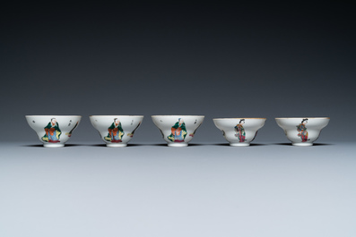 Eleven Chinese famille rose 'Wu Shuang Pu' saucers and six cups, mostly Daoguang mark and of the period