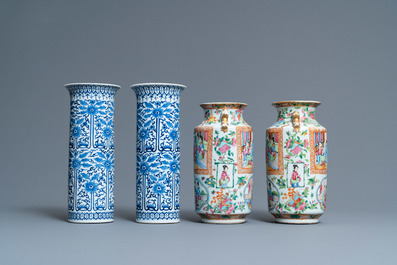 Une paire de vases en porcelaine de Chine en bleu et blanc et une paire en famille rose de Canton, 19&egrave;me