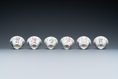 Six Chinese famille rose 'Wu Shuang Pu' cups and saucers, Qianlong and Tongzhi marks, 19th C.