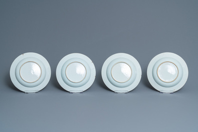 Fifteen Chinese blue and white plates and three dishes with 'cuckoo in the house' design, Qianlong