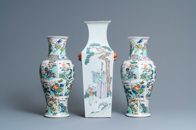 A square Chinese qianjiang cai vase and a pair of Samson famille verte vases, 19th C.