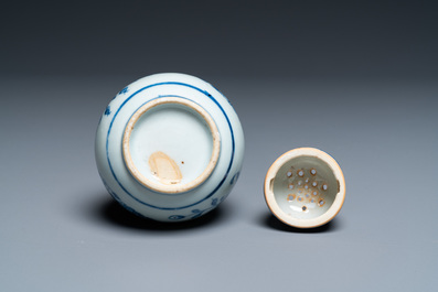 A Chinese blue and white screw top caster after a European silver model, Qianlong