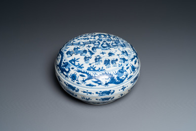 A Chinese blue and white 'hundred boys' box and cover, Wanli mark and of the period