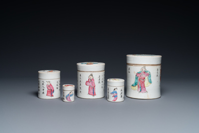 Five Chinese famille rose 'Wu Shuang Pu' stacking boxes and covers, 19th C.