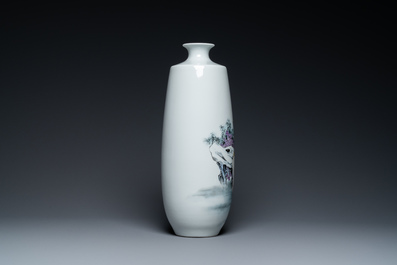 A Chinese famille rose vase with a lady on a rock, Jingdezhen zhi mark, 20th C.