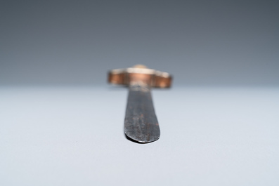 A Tibetan steel sword with silvered copper and mammoth tooth hilt, 19th C.