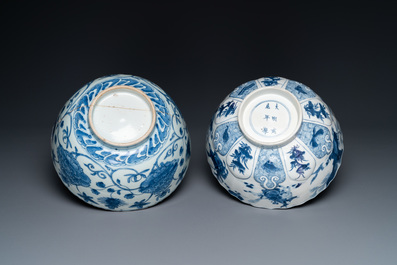 Twee Chinese blauw-witte kommen, Kangxi en Wanli