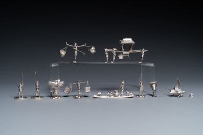 A collection of Chinese silver miniatures, a powder box and a table ornament, 19/20th C.