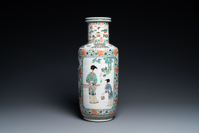 A fine Chinese famille verte rouleau vase, Kangxi