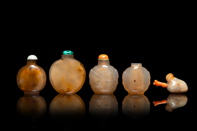 Five Chinese agate snuff bottles, 19th C.