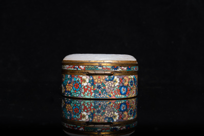 A Chinese cloisonn&eacute; box with white jade cover, 19th C.