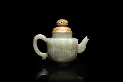 A Chinese pale celadon jade teapot and cover, Qing