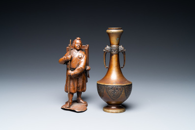 A Japanese bronze okimono and a vase, Meiji, 19th C.