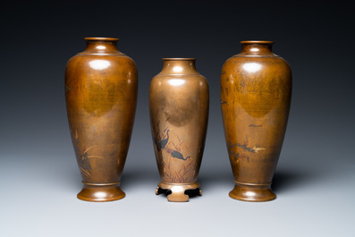 Three Japanese silver- and brass inlaid bronze vases, Meiji, 19th C.