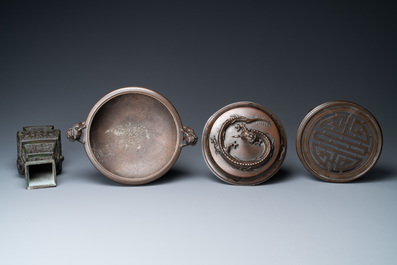 A Chinese silver-inlaid bronze censer and a bronze vase, 19th C.