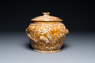 A Vietnamese brown-glazed 'dragon and deer' bowl and cover, 15/16th C.