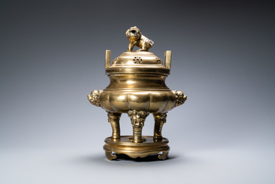 A large Chinese bronze censer and cover on stand, Xuande mark, 19th C.