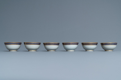 Six rare Chinese monogrammed gilt-ground cups and saucers, Yongzheng/Qianlong