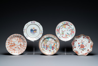 Five Chinese famille rose and iron-red and gilt dishes, Kangxi/Qianlong