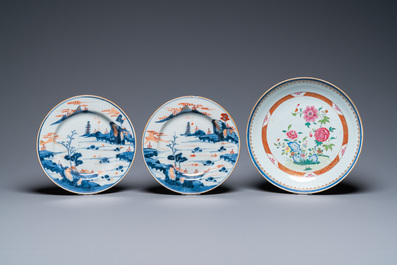 Zes Chinese famille rose, verte en Imari-stijl borden en een schotel, Kangxi/Qianlong