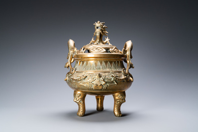 A large Chinese bronze censer and cover on stand with sea animals and shells, Qing