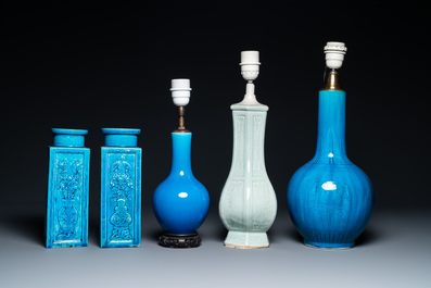 Four Chinese monochrome turquoise vases and a celadon vase, 19/20th C.