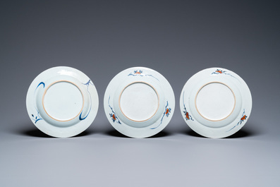 Six Chinese famille rose, verte and Imari-style plates and one dish, Kangxi/Qianlong