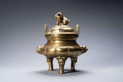 A large Chinese bronze censer and cover on stand, Xuande mark, 19th C.