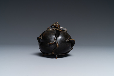 A Chinese peach-shaped bronze censer and cover, Qing