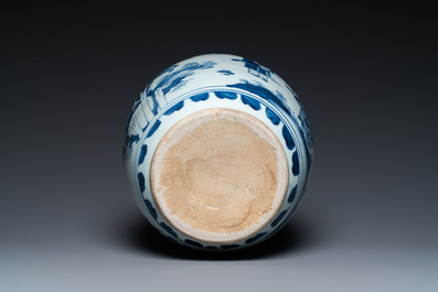 A Chinese blue and white vase with narrative design on wooden stand, Transitional period