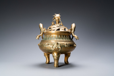 A large Chinese bronze censer and cover on stand with sea animals and shells, Qing