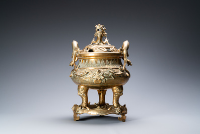 A large Chinese bronze censer and cover on stand with sea animals and shells, Qing