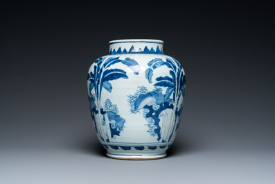 A Chinese blue and white vase with narrative design on wooden stand, Transitional period