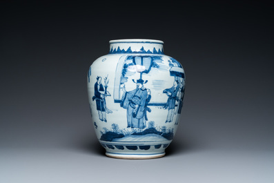 A Chinese blue and white vase with narrative design on wooden stand, Transitional period