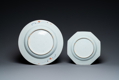 A Chinese Imari-style dish and an octagonal famille rose dish, Kangxi/Qianlong