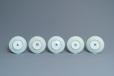 Ten Chinese Canton famille rose celadon-ground plates, 19th C.