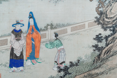 Chinese school, ink and color on silk: 'Two scenes with ladies near a river', 19th C.